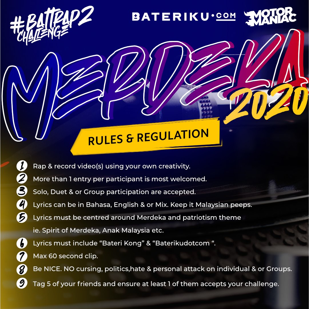 baterikudotcom's tweet photo. BATTRAP IS BACK!!🔥 Mari serlahkan bakat rapping anda with Bateriku Merdeka Battrap 2 and stand a chance to win wang tunai sebanyak RM1000! Bersama kita semarakkan semangat Merdeka🇲🇾 

#merdeka #battrap #baterikong #motormaniac #MalaysiaPrihatin #Baterikudotcom #Battrap2challenge https://t.co/04DJk9jHb9