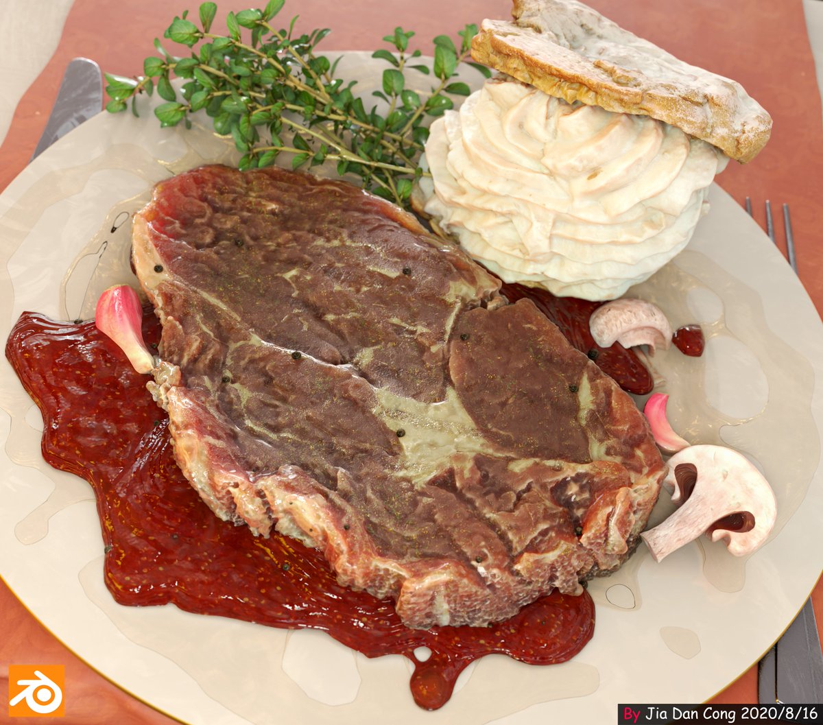 jayden_jia's tweet photo. Recently, I like to fry the steak with rosemary, garlic and butter. It takes a minute to cook the steak on both sides.Of course this is cooked in Blender smiley😃#blender https://t.co/HIjSFf1oM2