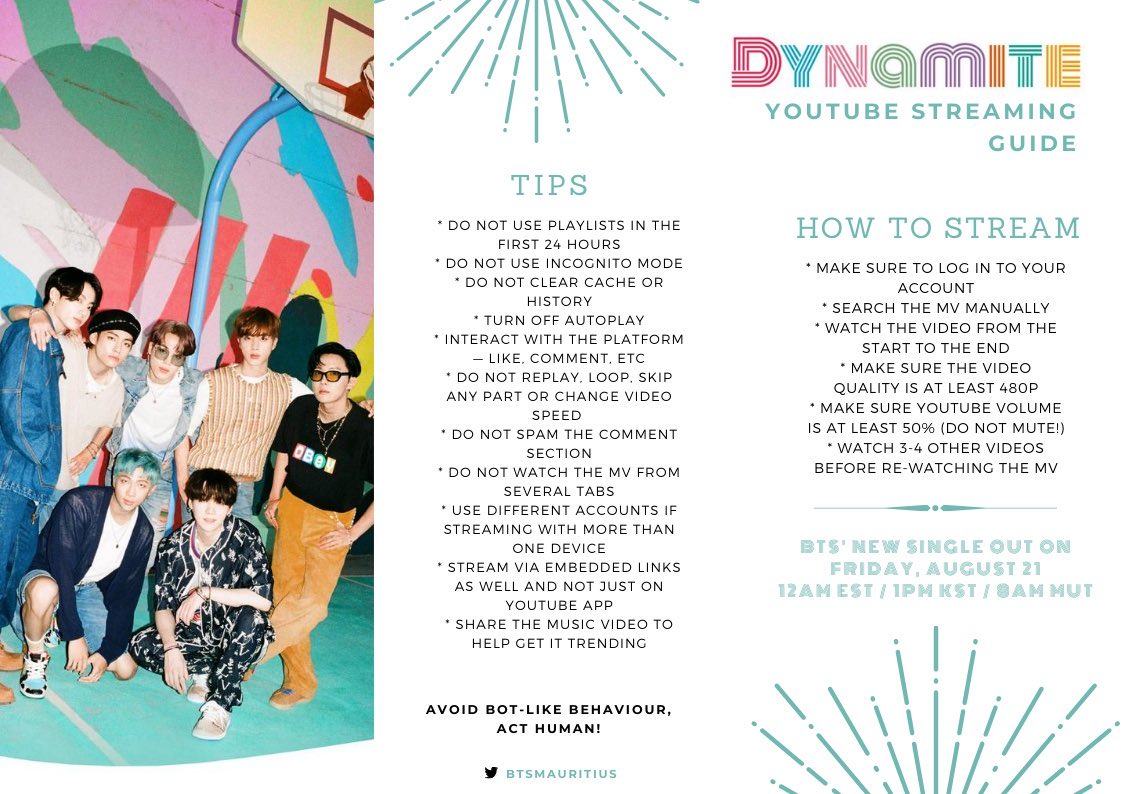 FOR YOUTUBE-do NOT watch reaction videos or lyric videos -use premium account IF POSSIBLE -do NOT skip advertisements PLEASE-watch non BTS related videos as well in between cr BTSMauritius