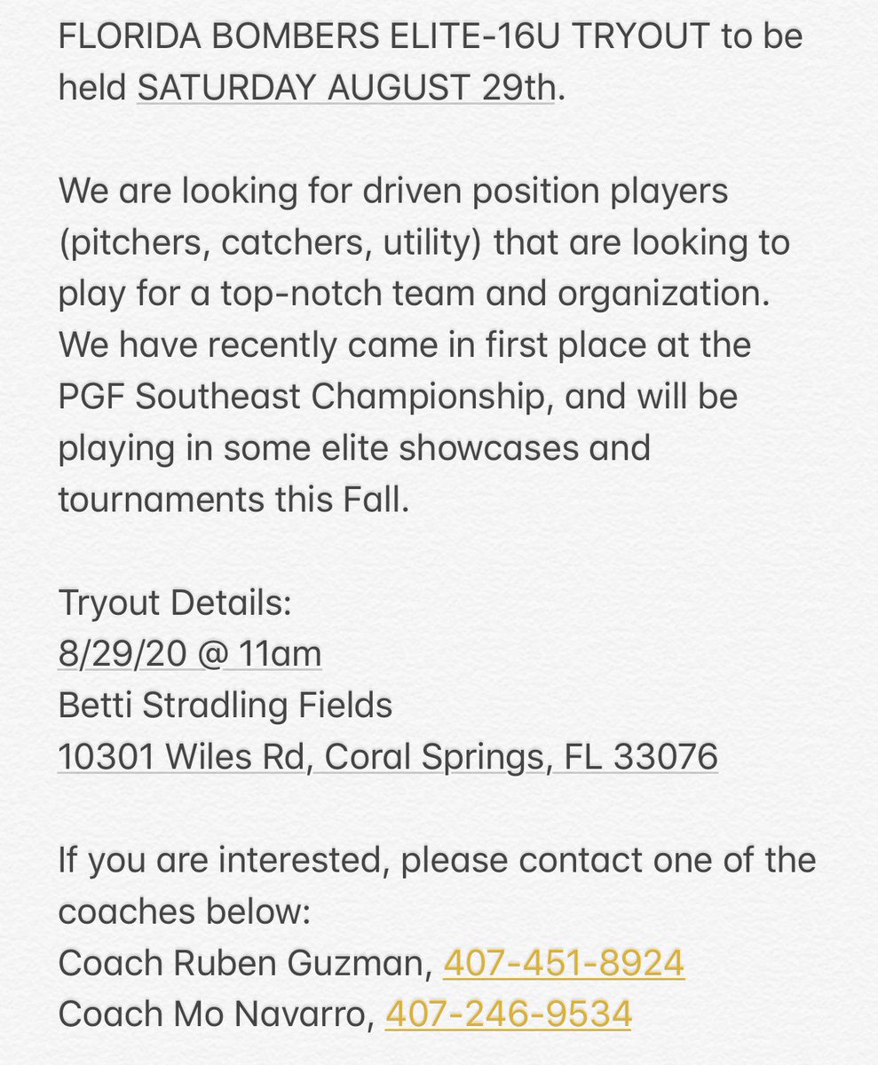 **Florida Bombers Elite Tryouts**
<a href="/ExtraInningSB/">EXTRA INNING SOFTBALL</a> @FloSoftball <a href="/IHartFastpitch/">I❤️Fastpitch</a> <a href="/USASoftball/">USA Softball</a> @StriveSoftball <a href="/Los_Stuff/">Carlos Arias</a> <a href="/Sports_Recruits/">SportsRecruits</a> <a href="/AthletesGoLive/">AthletesGoLive</a> <a href="/PGFnetwork/">PGF</a> <a href="/USSSAFastpitch/">USSSA Fastpitch</a> <a href="/D1Softball/">D1Softball</a> <a href="/d1fastpitch1/">D1 Fastpitch</a>