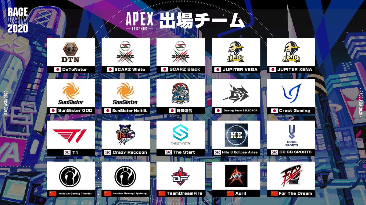 ＼いよいよ来週末！／
👾『#RAGE ASIA 2020』👾

----------------------------
8月30日(日) #ApexLegends
出場チームを発表💥
----------------------------
世界で数々のタイトルを獲得している
海外チームもRAGEに初出場‼️

🔽詳細はこちら🔽
rage-esports.jp/information/ra…