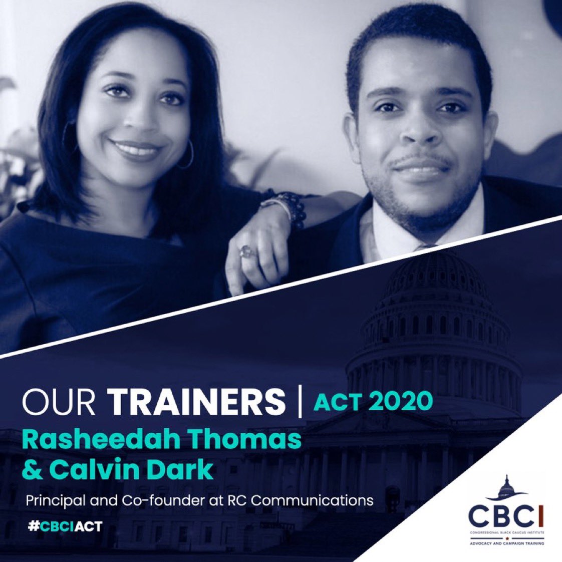 CBCInstitute's tweet photo. Meet #CBCIACT Trainers Rasheedah Thomas & Calvin Dark. @rasheedah_t & @talesdarkside are the R & C of @RCCommsDC . They run the comms for #CBCIACT, and will train on op-ed writing. They are excited to work with them to get their op-eds placed in local & national publications! https://t.co/AsTFT3nhek