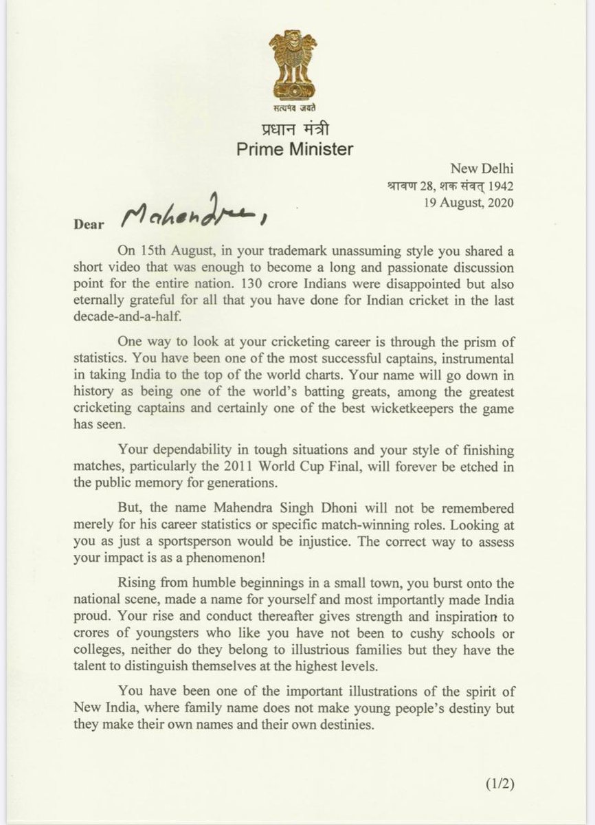 NEETAS11's tweet image. PM #NarendraModi writes to @msdhoni ....calls him spirit of “New India”. #DhoniThePrideOfIndia