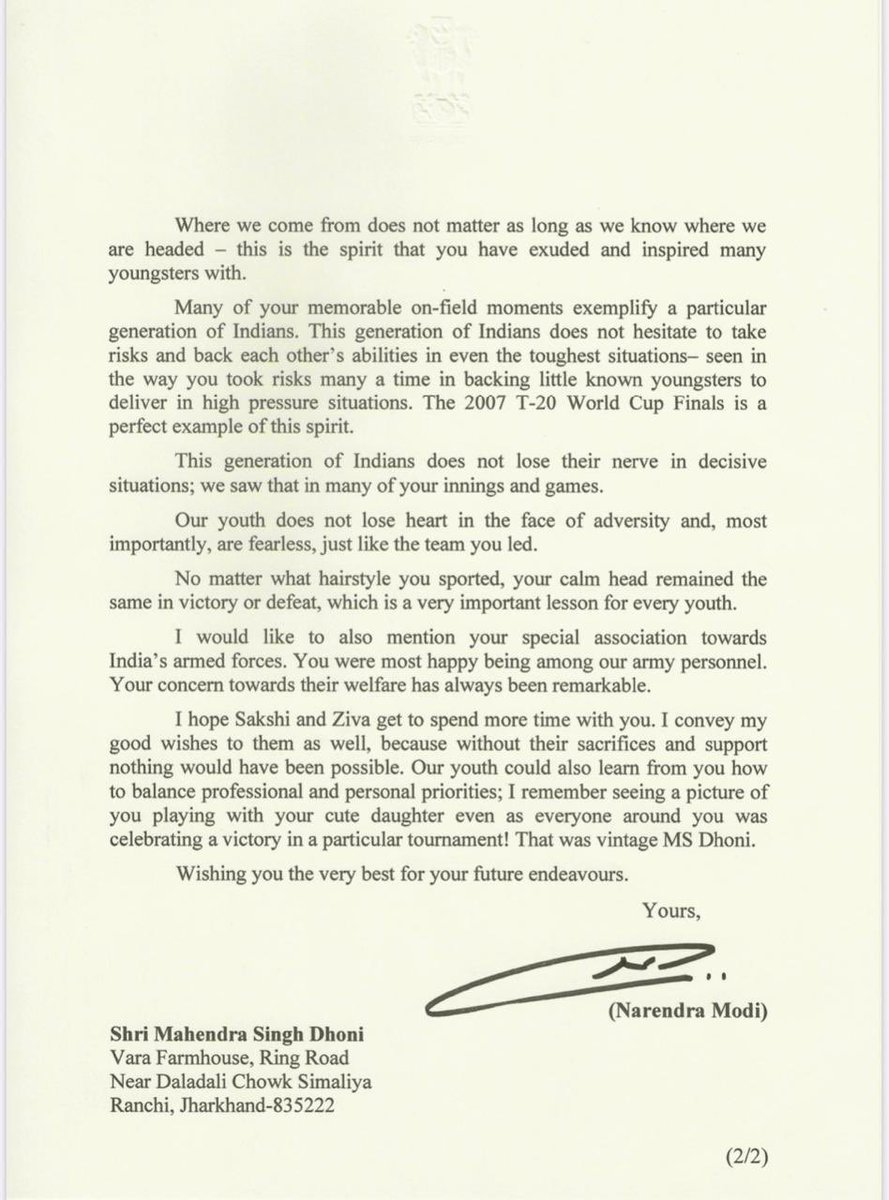 NEETAS11's tweet image. PM #NarendraModi writes to @msdhoni ....calls him spirit of “New India”. #DhoniThePrideOfIndia