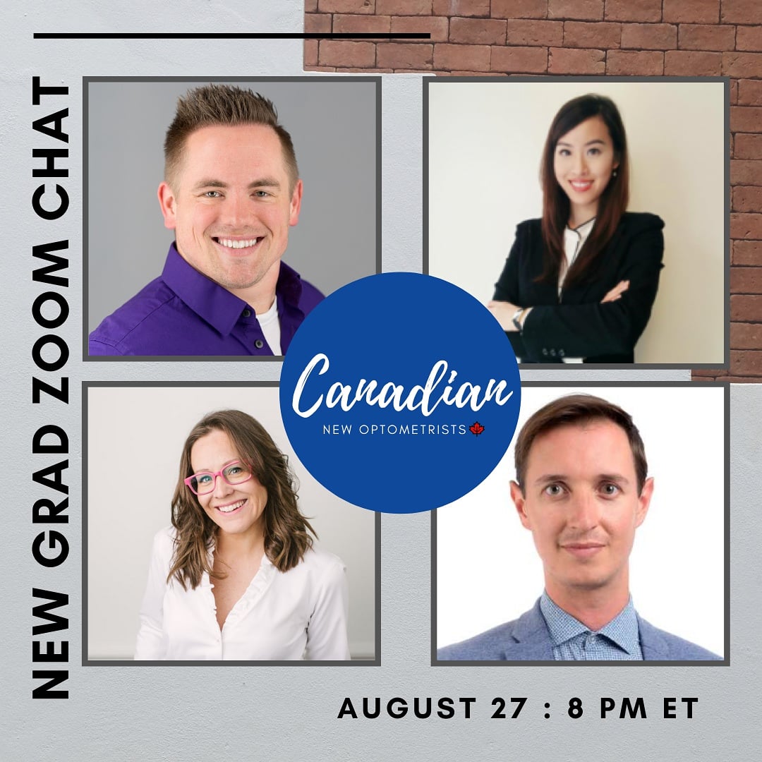 CanadianODs's tweet photo. Save The Date: New Grad Zoom Chat with our panelists next Thursday 27th at 8pm ET , featuring Drs McCann and Chan representing ON, Dr Keeling from NB and Dr Wild from AB. https://t.co/afPggp4XqD