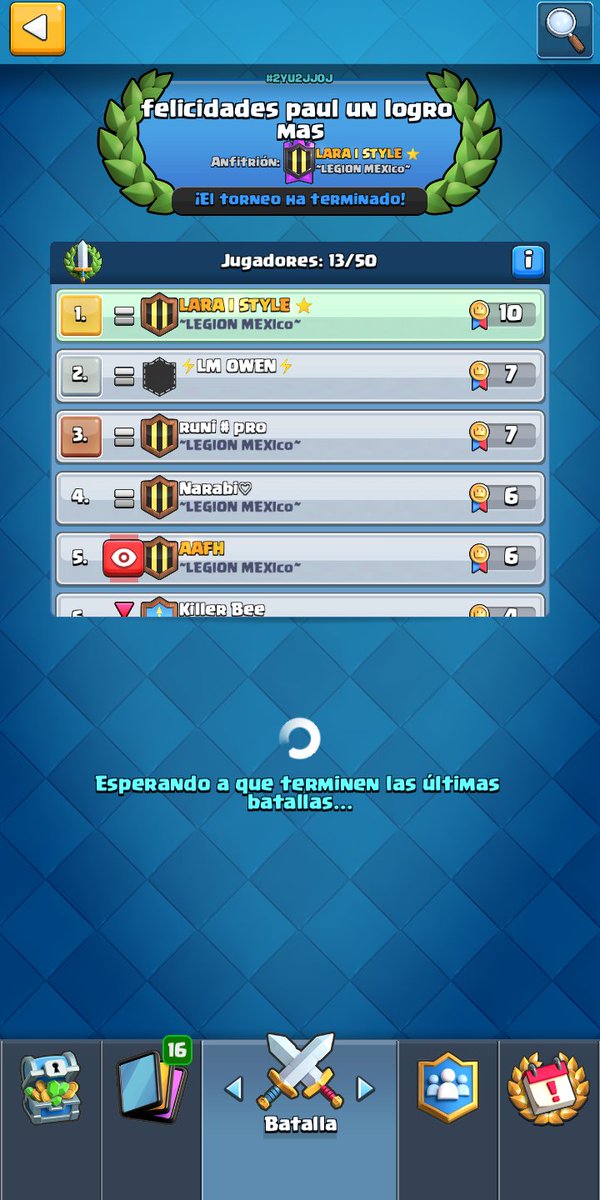 Hoy 20/8/20 nuestro capitán <a href="/LaraCr5/">LARA STYLE CR</a>  ha ganado el Torneo por pase Royale 😎✌️
Muy bien jugado a todos 
#GoChilangos