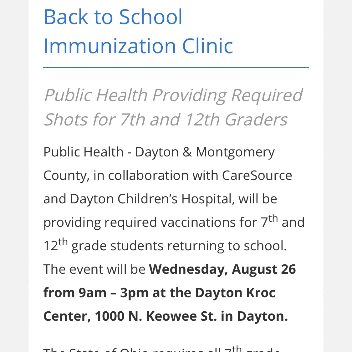 KetteringNurses's tweet photo. The State of Ohio requires all 7th grade and 12th graders to be up to date on required vaccinations. Students attending school virtually are still required to receive these mandatory vaccinations. https://t.co/2dL7IhzW8l