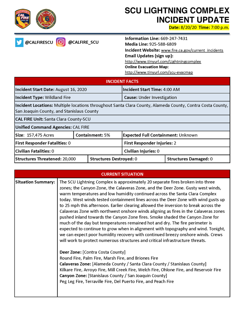 calfireSCU's tweet photo. #SCULightningComplex Incident Update 8/20/20 8PM https://t.co/c1LTZ06VWy