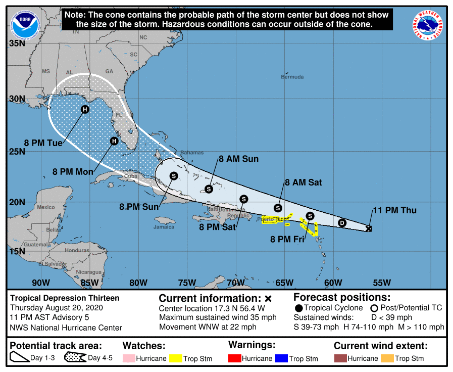 ouragans's tweet photo. La dépression n°13 continue vers les Petites Antilles 

#DT13 centrée à 3h TU par 17.3N 56.4W soit 715 km à l'E des Iles du vent les plus au N, vents maxi 55 km/h, déplacement vers l'WNW ou 290° à 35 km/h, pression 1008 mb https://t.co/Kp0vBuS8uh