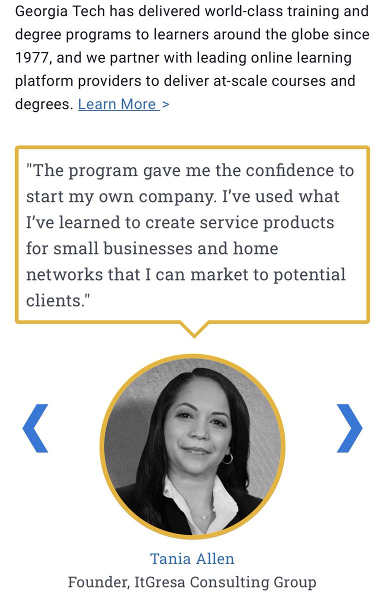 ItGresaCorp's tweet image. Our President, Tania Allen  @itgresa, featured on Georgia Tech Professional Ed website. 
Check the link and browse through their training: pe.gatech.edu.

#GaTechPe #ItGresa @jacallen_sc #CiscoSelectPartner #WomenInTech #WomenInRobotics #tellyourstory #education  #stem