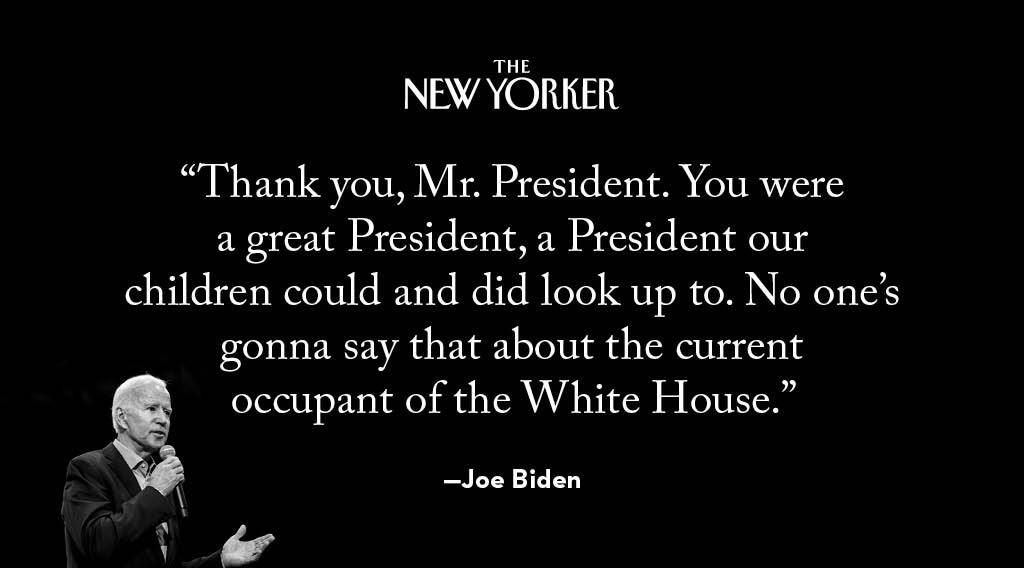 NewYorker's tweet photo. Joe Biden expresses his gratitude to Barack Obama at the #DemConvention. https://t.co/kSf3XnQY2E