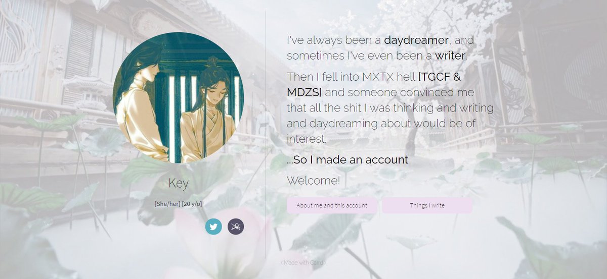 xStalKey's tweet image. Hi! I'm Key~
I'm a writer! Here I drop MDZS&amp;amp;TGCF content. I mostly write threads: tweet-fics, headcanons or analysis. You can find them all in my carrd (keysthoughts.carrd.co) or down this tweet! 
I also have AO3: (archiveofourown.org/users/xStalkey) 

I hope you read and enjoy! 💕