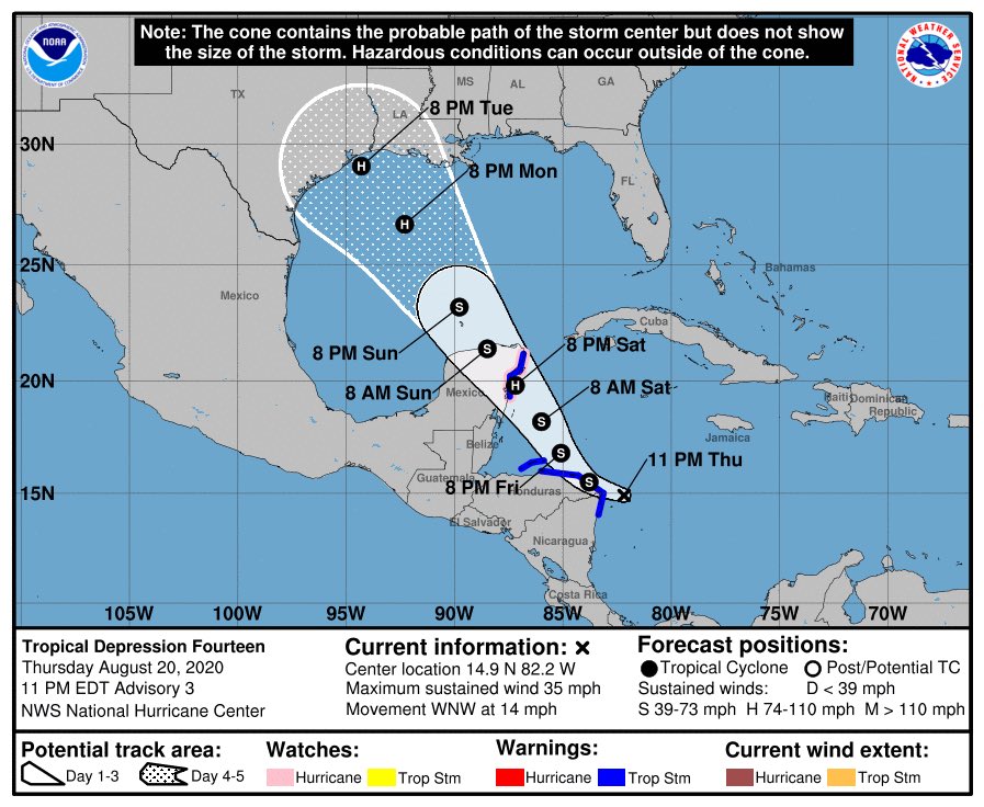 ClimaEdoQROO's tweet image. Depresión Tropical 14. Localización 14.9N y 82.2W con viento sostenido de 55 km/h, se desplaza al WNW a 22 Km/h 👀