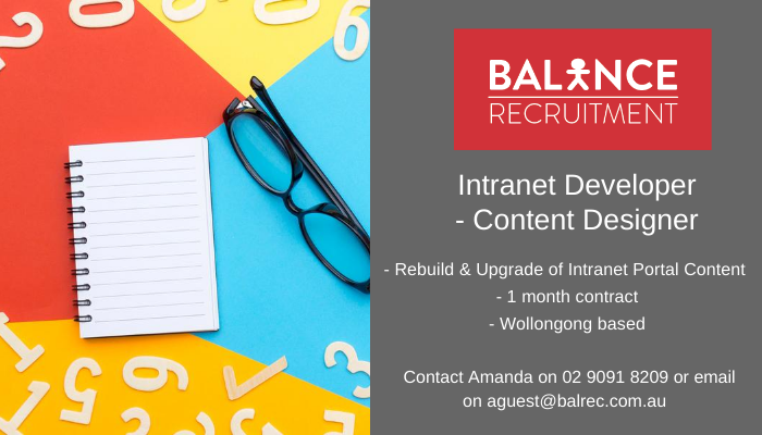 Balance_Recruit's tweet photo. Calling all Intranet Developer/Content Designers living in the Wollongong area! This is an exciting project to get your teeth into - Call Amanda for more 02 9091 8209   https://t.co/Zzz5UCxJRC #balancerecruitment #itjobs #webdesign https://t.co/we3bdDFBMM