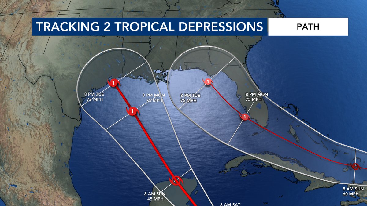 wralweather's tweet image. We could be looking at two hurricanes making landfall at the same time next Tuesday night along the Gulf Coast. We have never seen this happen before. This of course is if the forecasts are correct. Things could change between now and next Tuesday.