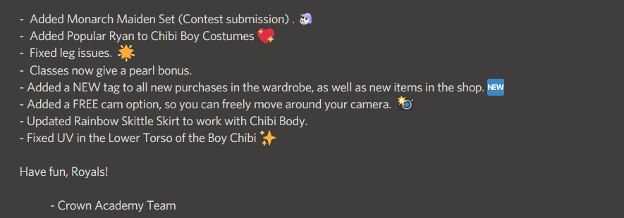 Crown Academy On Twitter Hi All We Just Shipped An Update That Fixed Everything We Also Added A Few New Items To The Game Features New Chibi Boy Outfit Monarch Maiden - roblox camera class