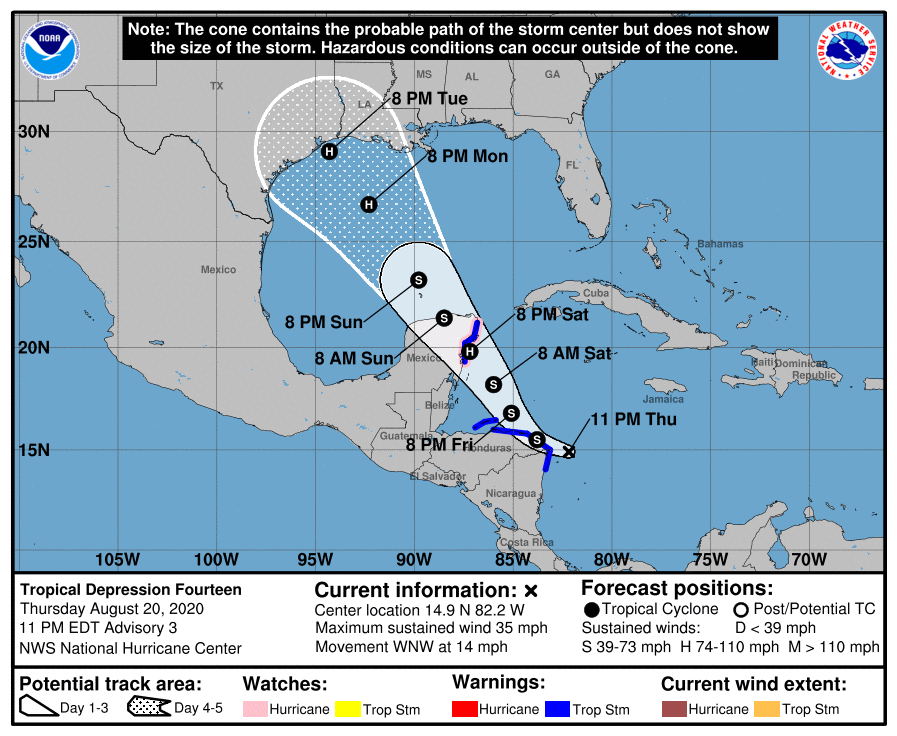 ClimaYucatan's tweet photo. ATENCIÓN! 

De acuerdo con el Centro Nacional de Huracanes, la depresión tropical 14 podría llegar como huracán este fin de semana a la península.

Estén atentos! https://t.co/FeQo4kSCAG
