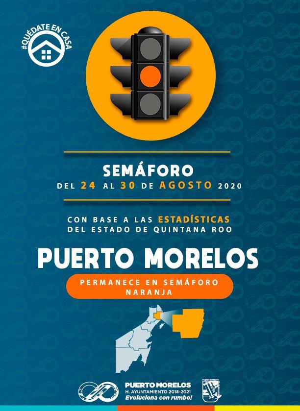 Amig@s de #PuertoMorelos la próxima semana continuaremos en semáforo naranja. Es muy importante consolidar la adopción de nuevas reglas de convivencia y de higiene, para frenar al COVID19 y continuar siendo el municipio con menos casos.
#YoMeQuedoEnCasa 
#JuntosSaldremosAdelante