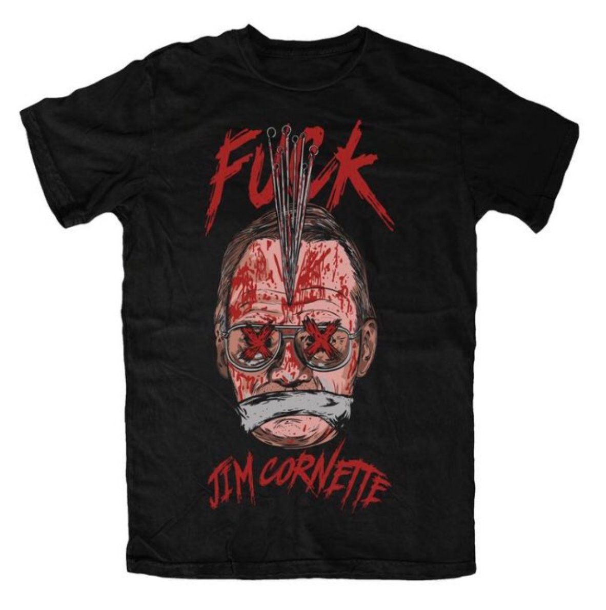 g-raver decides to create a "parody shirt" featuring cornette. he suggests tattoo needles (his signature weapon) stuck in cornette’s head; Xs over cornette’s eyes; & duct tape over cornette’s mouth "to muzzle cornette’s vocal criticism of deathmatch wrestling." the shirts sell.