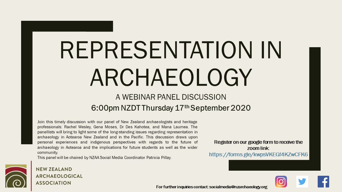 Kia ora! NZAA is pleased to present a Zoom live webinar on Representation in Archaeology. The event will take place on Thursday 17th September at 6pm. Registration is compulsory. Please register using the link:  <a href="/ArchSoc/">Auckland ArchSoc</a> <a href="/AnthroAuckUni/">Anthro at Auckland</a> #nzarchaeology  forms.gle/kwpsVKEGf4KZwC…