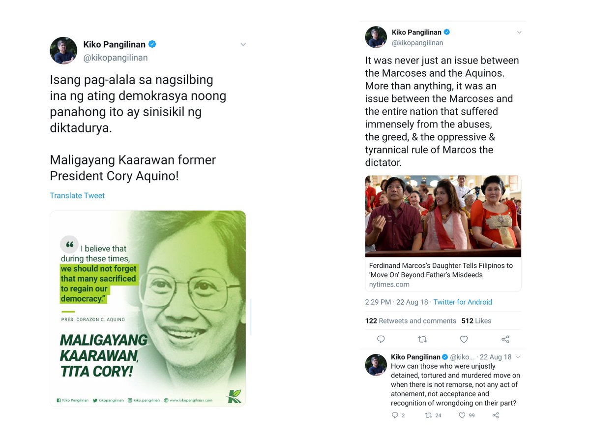 TODAY'S LIBERAL PARTY @TrillanesSonny,  @risahontiveros,  @kikopangilinan, and  @SenLeiladeLima—prominent human rights and press freedom advocates.Marcos has been compared to Duterte for the alleged neglect for human rights.But why aren't they resisting Aquino?Oh saint Cory.