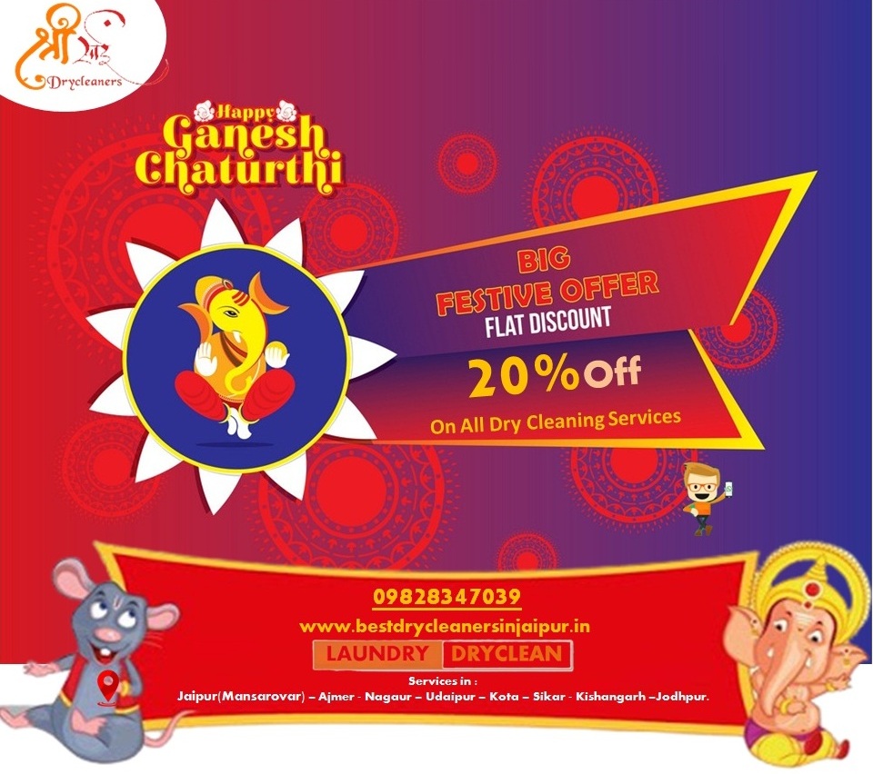 Happy #GaneshChaturthi GaneshChaturthi ..
Get Special Ganesh chaturti #Discount ..
20% OFF On all drycleaning services.

Call- 09828347039
Visit :- bestdrycleanersinjaipur.in
#Industriallaundry #Sofacleaninginjaipur #drycleaningservice #mansarovar #pinkcity #dryclean #LaundryService