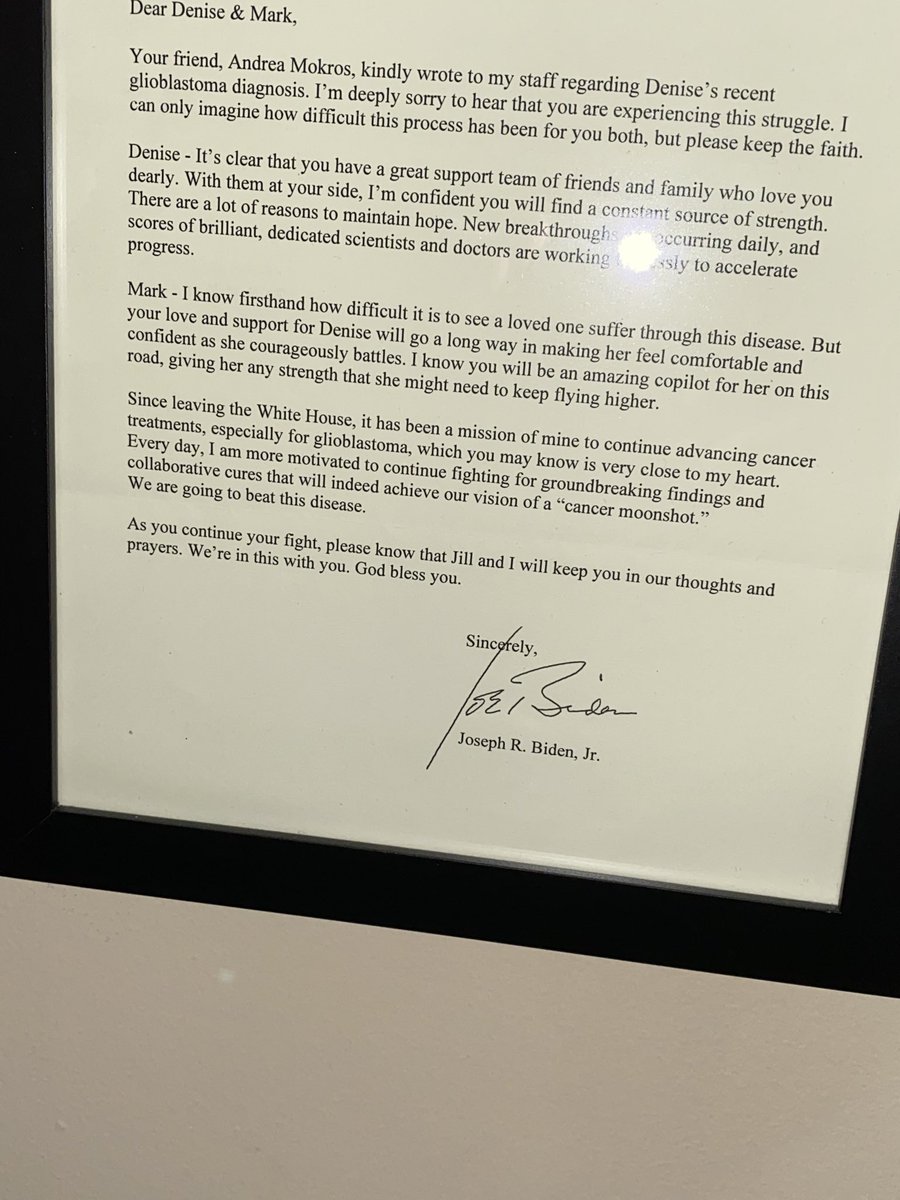 Humanity not politics. Joe Biden sent this personal letter 2 years ago after my wife was diagnosed with glioblastoma, the same brain cancer which took his son Beau’s life. It inspires me when I am feeling crushed by the weight of this insidious disease