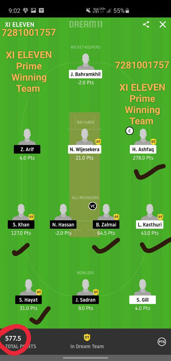 CricketOffice's tweet photo. We got 577.5 points in this match.🔥🔥🏏🏏🎾🎾Our on C &amp; Vc =H.Ashfaq &amp; B. Zalmai in this match 🏏🏏🏆🏆pant paleyar = S. Khan worked properly in this match. 😍😍  ❤️ 🏏🏏 XI ELEVEN FAMILY won easily in this match also.  👑👑Msg me for Prime Teams here on Telegram :(7281001757) https://t.co/2XSCukcMNn