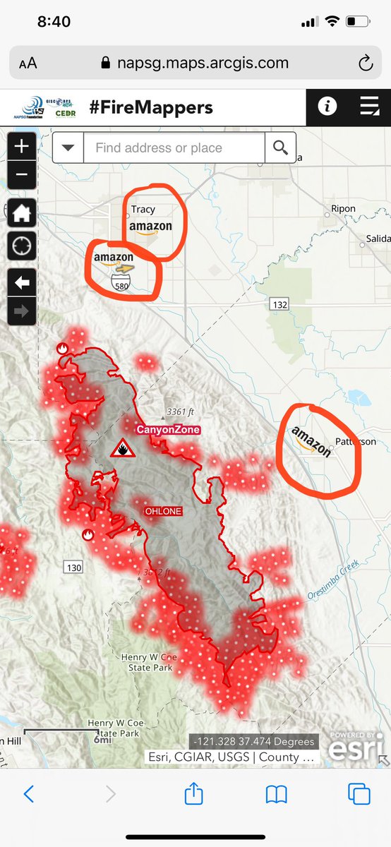 ELPacker23's tweet image. Air quality was horrible today at work. You could smell the fire smoke inside the warehouse. Lots of people complain and they still making us work 😡 This is how close the fires are from 3 warehouses. #AmazonEmployees