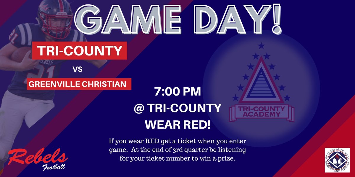 TriCountyAcad's tweet photo. 🏈 GAME DAY 🏈
It is FINALLY here! Don't forget those that WEAR RED can pick up a ticket as they enter the game for a chance to win a prize. Winners will be announced at the end of 3rd quarter. #GOREBELS #TCAFootball #TCAfamily https://t.co/IGbhiILsWy