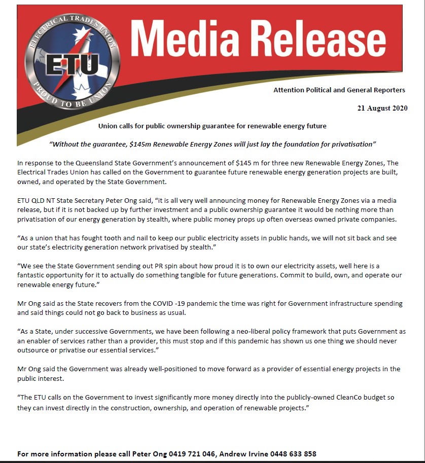 etuqldnt's tweet image. In response to the Queensland State Government’s announcement of $145 m for three new Renewable Energy Zones, The ETU has called on the Government to guarantee future renewable energy generation projects are built, owned, and operated by the State Government. @Not4SaleQLD