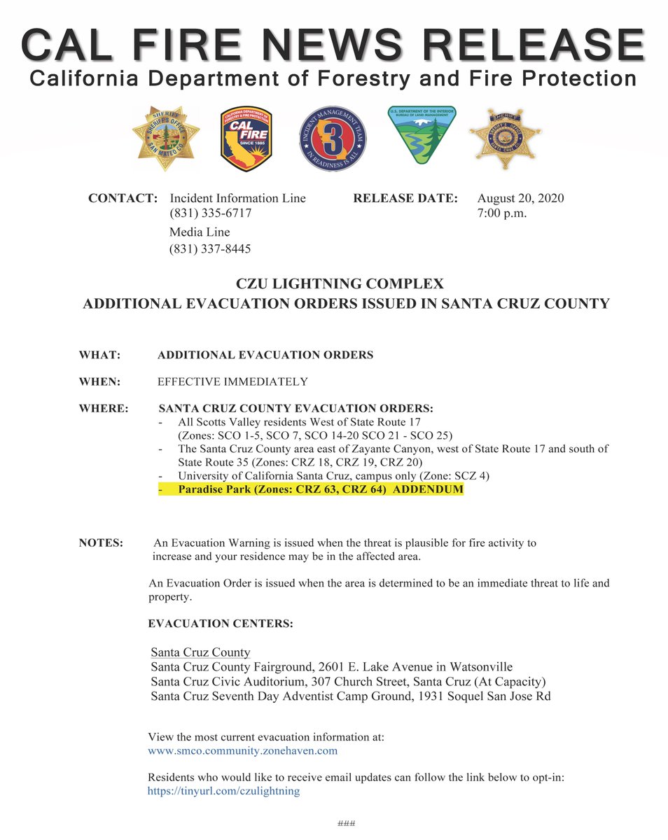 CAL_FIRE's tweet image. #CZUAugustLightingComplex EVACUATION UPDATE for   Santa Cruz County. @CALFIRECZU