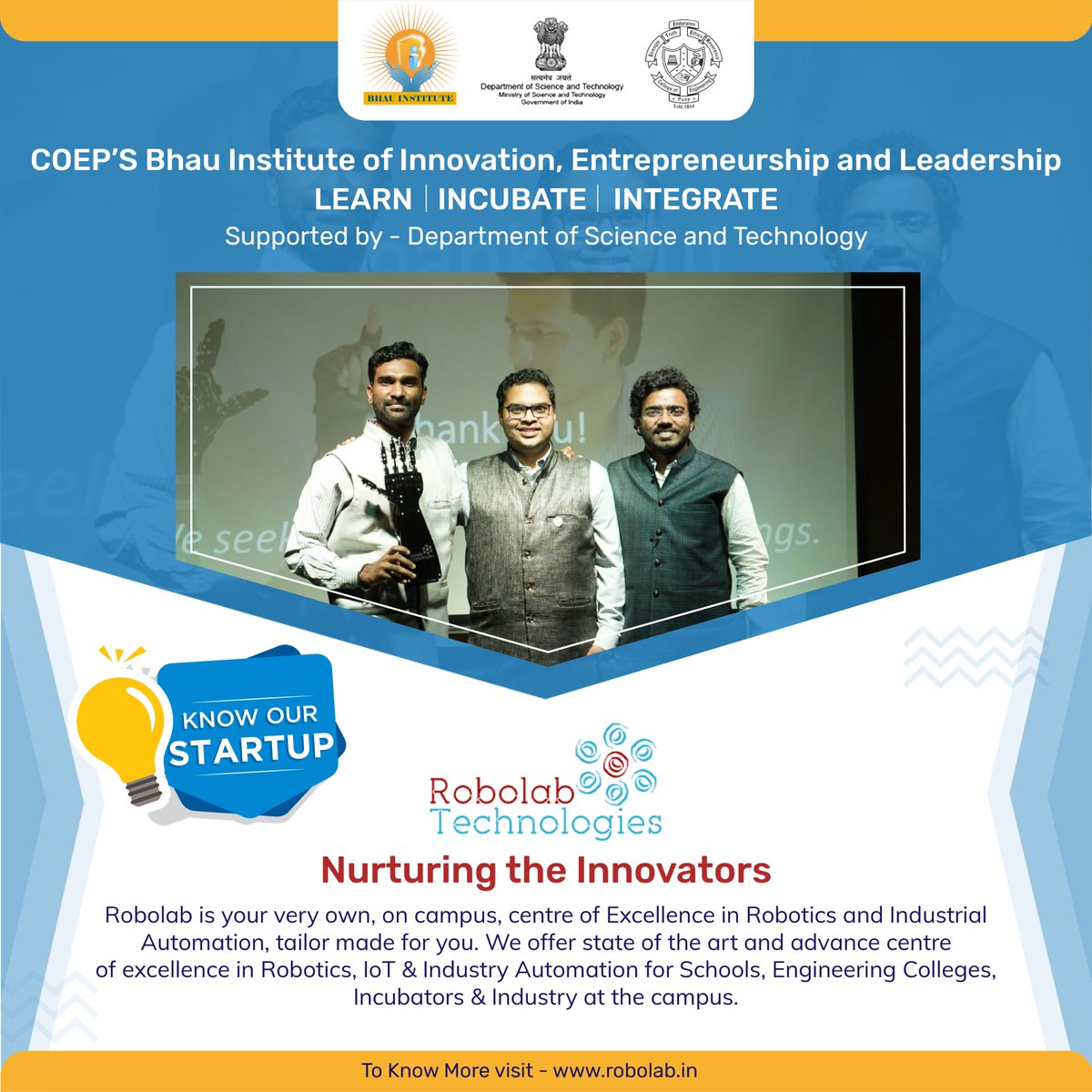 @IndiaDST supported COEP's #Bhau_Institute's #startup @RobolabTech offer state of the art and advance centre of excellence in #Robotics, #IoT & #IndustryAutomation for Schools, Engineering Colleges, Incubators & Industry at the campus.

To know more: robolab.in