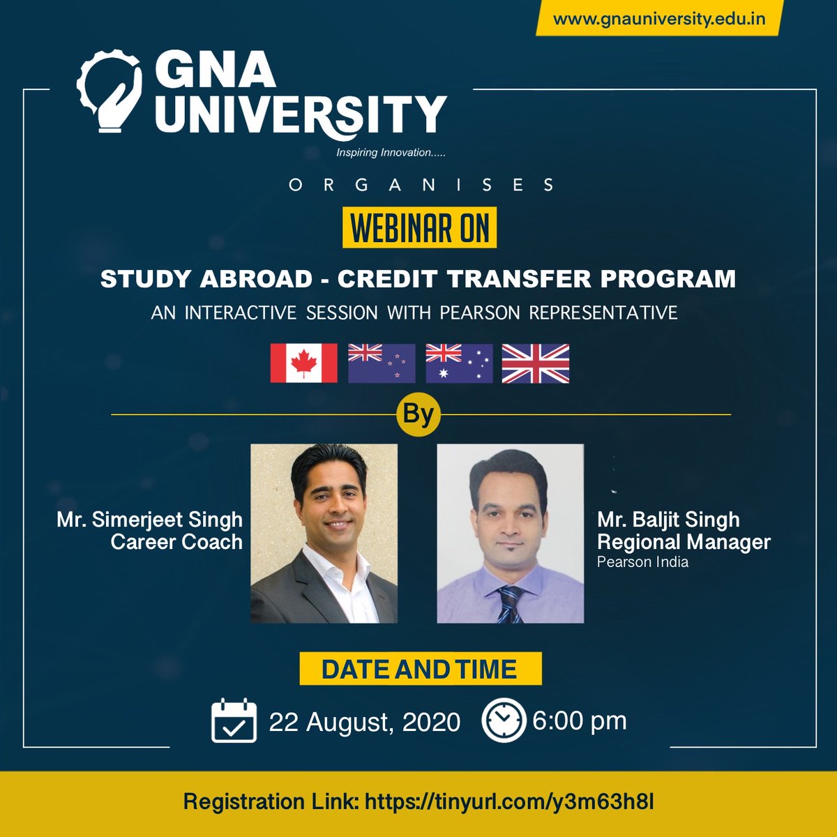 GnaUniversity's tweet photo. If you’re planning your future abroad, #GNAUniversity is bringing you exclusive informative session on our #PearsonBTEC program for Study Abroad. Mr. Simerjeet Singh, #International #CareerCoach will be interacting with Mr. Baljit Singh, Pearson #India.

https://t.co/Z6sLO7v8oj https://t.co/qhfpsYg3WY