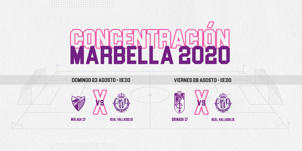 💜📓 Agenda Marbella 2020:

- Domingo 23: <a href="/MalagaCF/">Málaga CF</a>

- Viernes 28: @GranadaCdeF

¡Seguimos entrenando!
⚽🏃‍♂️rvcf.info/32fW9oL

#RealValladolid | #PretemporadaRV