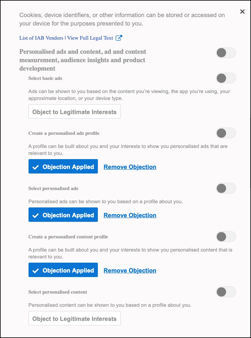 what I am being asked to object to?oh, go on then .. I'll press a few of those 'Object to Legitimate Interests' buttons ... ooh look ... my 'objection; has been 'applied .. so what is the role of the greyed-out sliders? Let's have a look at the 'Full legal text'