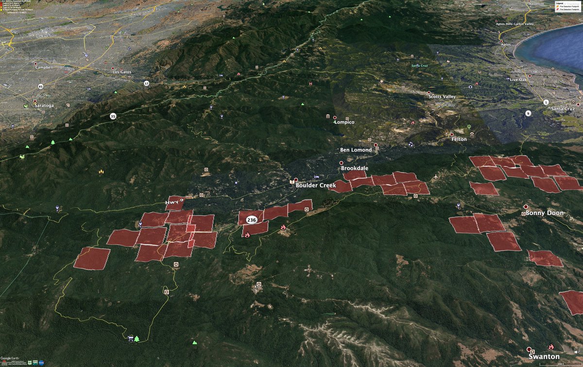 Opposite view, looking from the coast West to East in the direction the fire is traveling - this is the view that makes it hit home for me. Everyone South of 35 (green line) and West of 17 (Yellow line through Scotts Valley are under mandatory evacuation orders). Easy to see why.