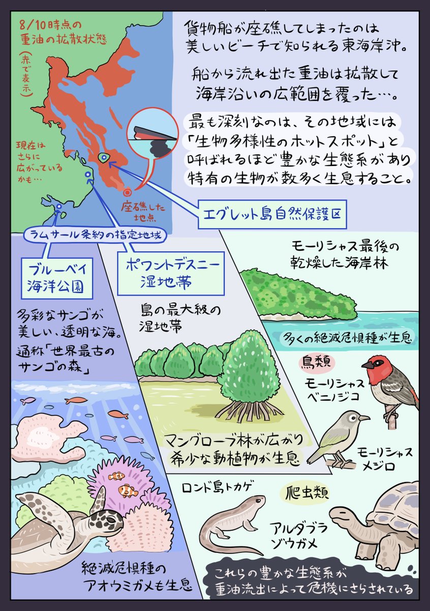 モーリシャス史上最悪の環境災害となってしまった重油流出事故についての図解を作りました。モーリシャスにどんな生態系があり、どれほど深刻な汚染が危惧されているか…等の観点から解説します。支援先も紹介したので、事故に心を痛めている日本の方はご協力ください。
#Mauritius #MauritiusOilSpill 