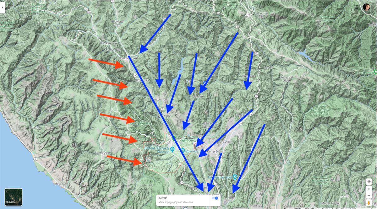 Blue arrows are are creek/river valleys, all of which end up feeding into the San Lorenzo River. If the fire crests the river and starts to climb *up* those canyons, oh fuck. It would be unstoppable and burn right to Skyline. Evacuating the whole area is 100% the right decision.