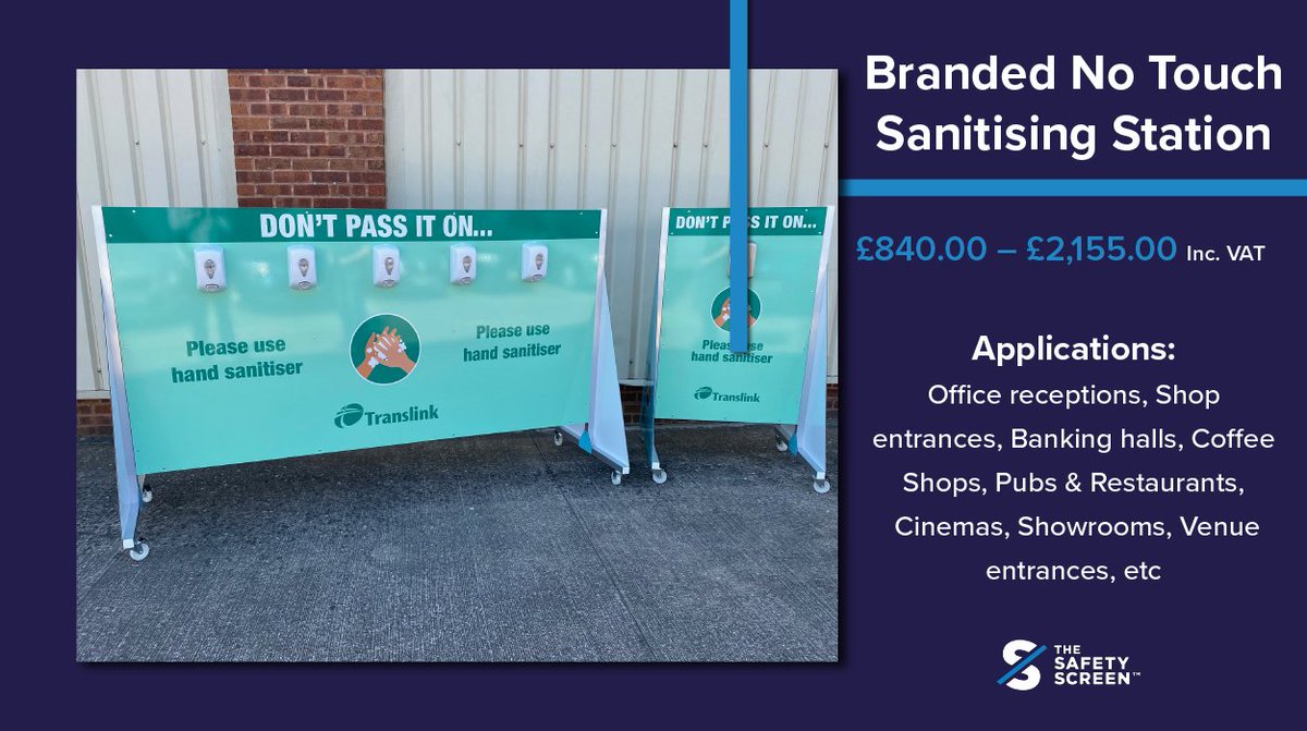 TheSafetyScreen's tweet photo. Looking for hand sanitising for the workplace, but worried about it not looking smart?🤵 Look no further! Our no-touch sanitising station can be branded to suit the needs of YOUR business ✋

#handsanitiser #covid19 #business https://t.co/XW00wpre9d