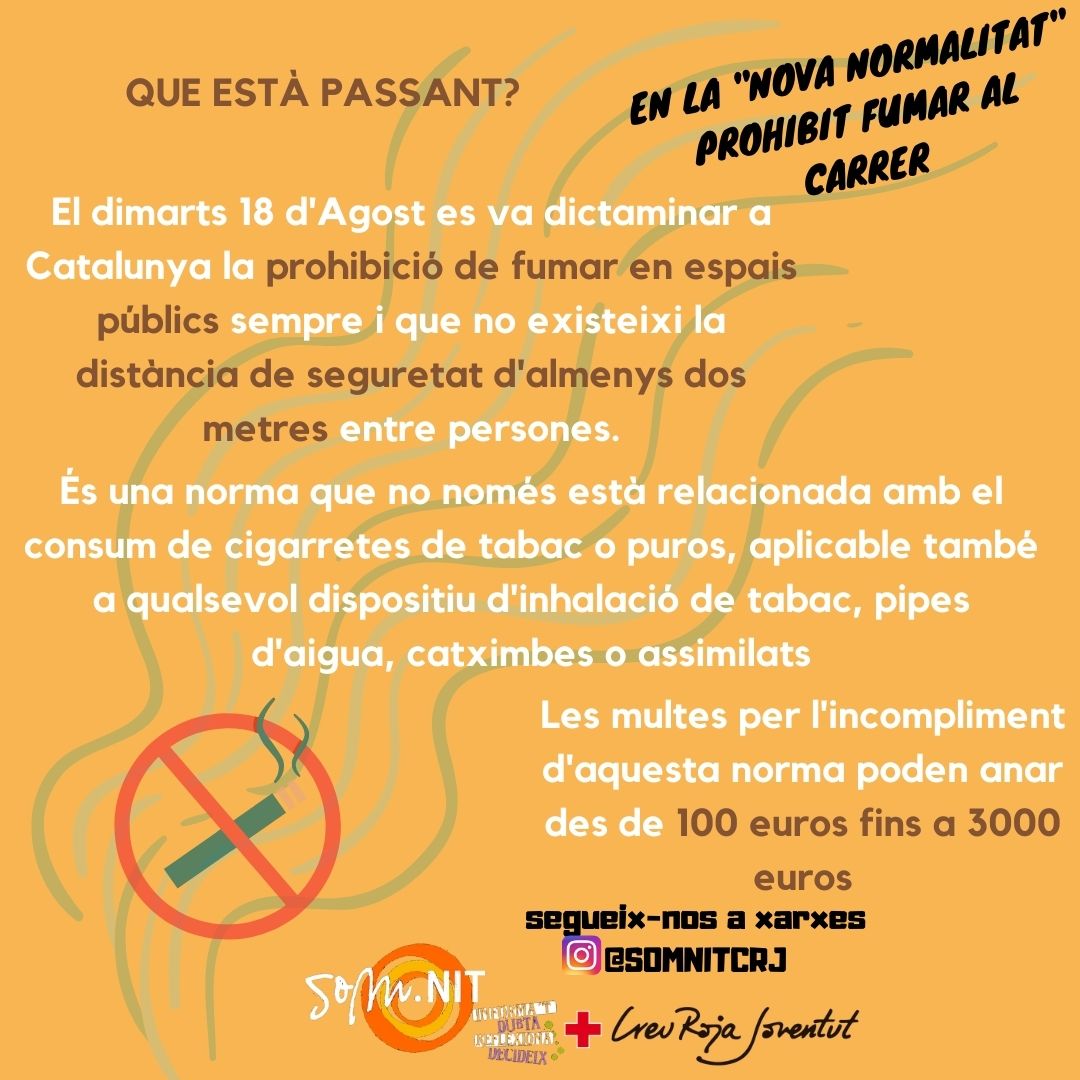 Somnitcrj's tweet photo. 💥En la "Nova normalitat" prohibit fumar al carrer 💥
.
⚠️No comparteixis la cigarreta, filtre ni cigarreta elèctrica⚠️
.
CUIDA'T, CUIDEM-NOS 🖤
.
#somnit #promociódelasalut #prevencio #reduccioderiscos #covid19 #responsabilitat #tabac #novanormalitat https://t.co/gxRc7XX5Jq