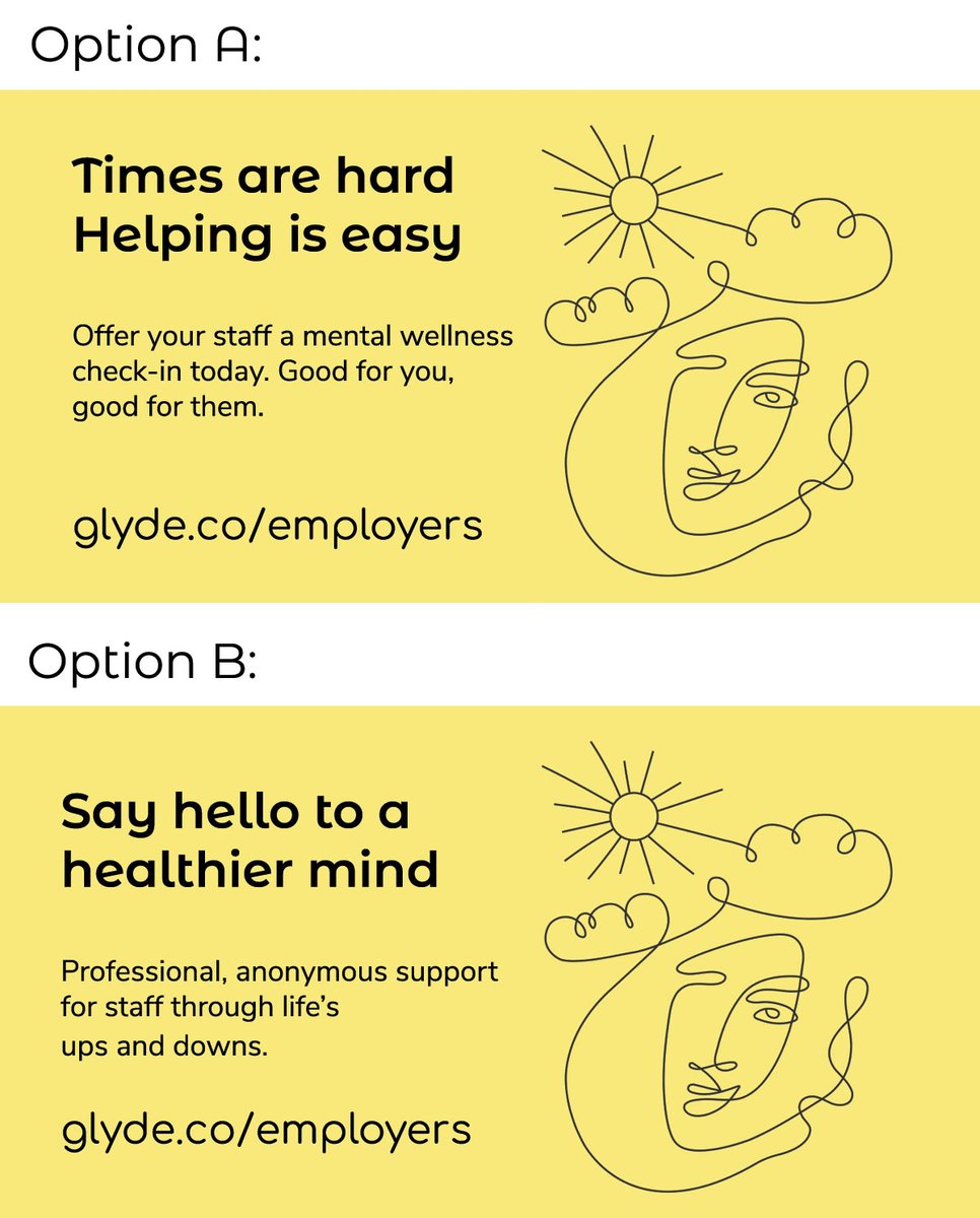 GlydeHealth's tweet photo. Please vote for which message (A or B) resonates more with you? You'd really be helping a fledgling brand out 🙏
#mentalhealthsupport #mentalhealthUK #Britishbrand #Telephonetherapy #Zoomtherapy #Remotetherapy #Onlinetherapy #mentalhealthmatters #newbrand #glydehealth #glyde https://t.co/R4MBCxRI85