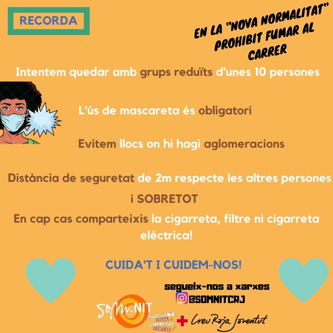 Somnitcrj's tweet photo. 💥En la "Nova normalitat" prohibit fumar al carrer 💥
.
⚠️No comparteixis la cigarreta, filtre ni cigarreta elèctrica⚠️
.
CUIDA'T, CUIDEM-NOS 🖤
.
#somnit #promociódelasalut #prevencio #reduccioderiscos #covid19 #responsabilitat #tabac #novanormalitat https://t.co/gxRc7XX5Jq