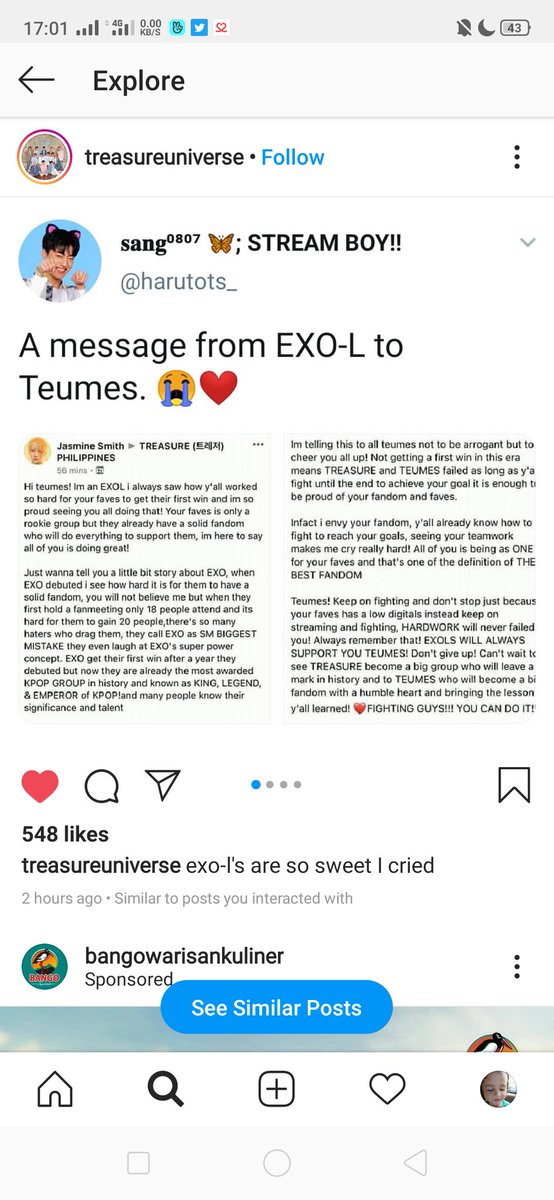 NyongTre's tweet photo. I got this from Instagram...
I'm also an exo-l 
I hope all kpop fandom can being like this, support each other without FANW*R ..😭😭😭 @treasuremembers #TREASURE #THANKSEXOL https://t.co/JwjubJfIXI
