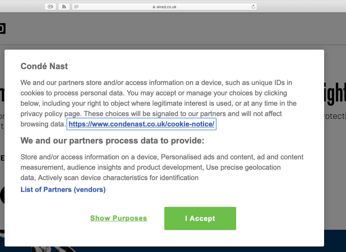 clicks 'I Accept' on the first page?This experience is riddled with  #darkpatternsBut what IS the legal basis relied on for those 'Always Active' purposes?But let's also look at another statement on the initial modal page ... /