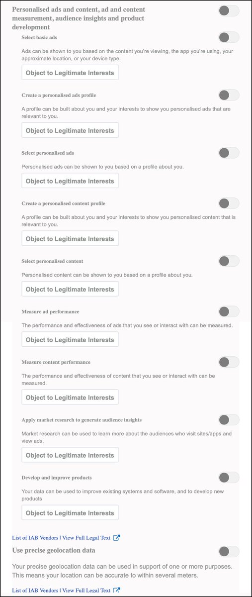 "You may exercise your right to consent or object to a legitimate interest, based on a specific purpose below or at a partner level in the link under each purpose."Let's take a peek at some of the 'legitimate interests'.The sliders look off - right? But if they're off, then /