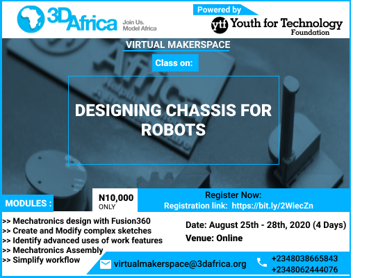 3D_Africa's tweet photo. Are you a student in #Nigeria?  Looking for a smart way to invest in YOU &amp; learn while in #quarantine? Join our #virtualmakerspace "Designing Robot Chassis" w/ @adskFusion360, @SOLIDWORKS. 
Register: https://t.co/4ATyNzhmwW 
Pay: https://t.co/8SUrAORJjq 
#QuarantineandBuild #4IR https://t.co/NYfBzp1oU6