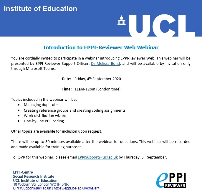 Would you like to learn more about @EPPIReviewer Web?

@misc_nerd is offering a free webinar on Fri 4th Sept from 11am London time, via Teams.

To register your attendance, please email EPPISupport@ucl.ac.uk and the link will be sent.

#systematicreview #evidencesynthesis