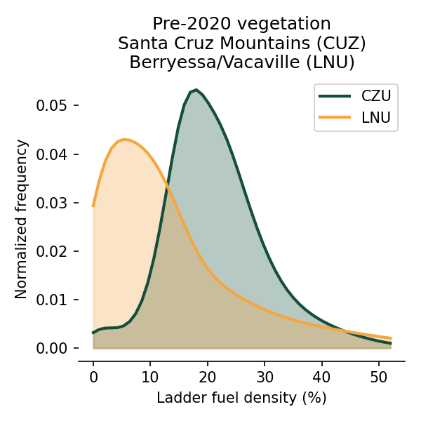 Ladder fuel density—which measures the amount of low-growing (<4 m) vegetation—was much higher on average in the area burned by  #CZUAugustComplex. Ladder fuels are often dense in oak/chaparral/grassland systems. But the understory vegetation was much denser in the coastal forest.