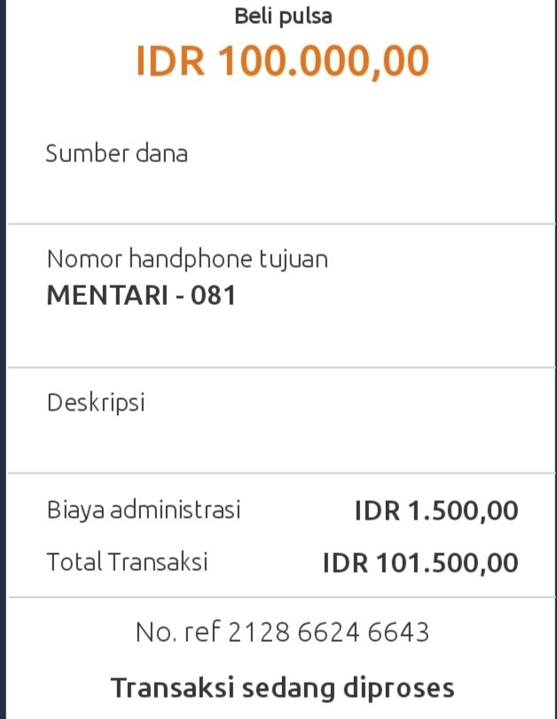 TinetiViperia's tweet photo. @kontakBRI selamat siang min, tadi pagi saya beli pulsa indosat melalui brimo, tapi sampai saat ini pulsanya belum masuk, mohon dibantu untuk tindaklanjutnya. Terima kasih https://t.co/rvrUozKMVW
